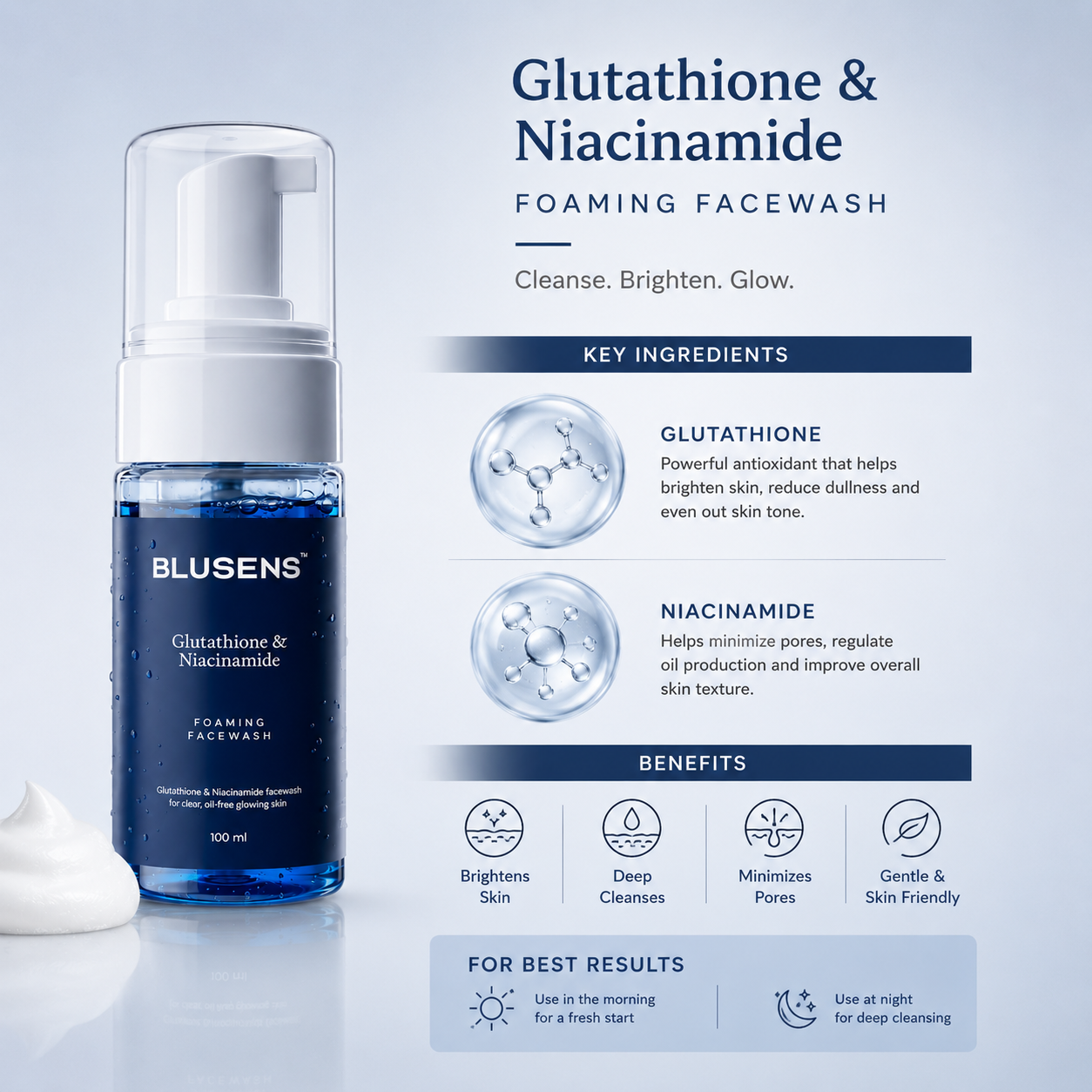 BLUSENS Glutathione & Niacinamide Foaming Facewash for Bright & Glowing Skin – 100ml - Image 3