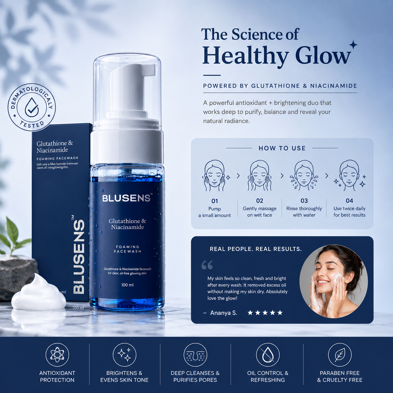 BLUSENS Glutathione & Niacinamide Foaming Facewash for Bright & Glowing Skin – 100ml - Image 4